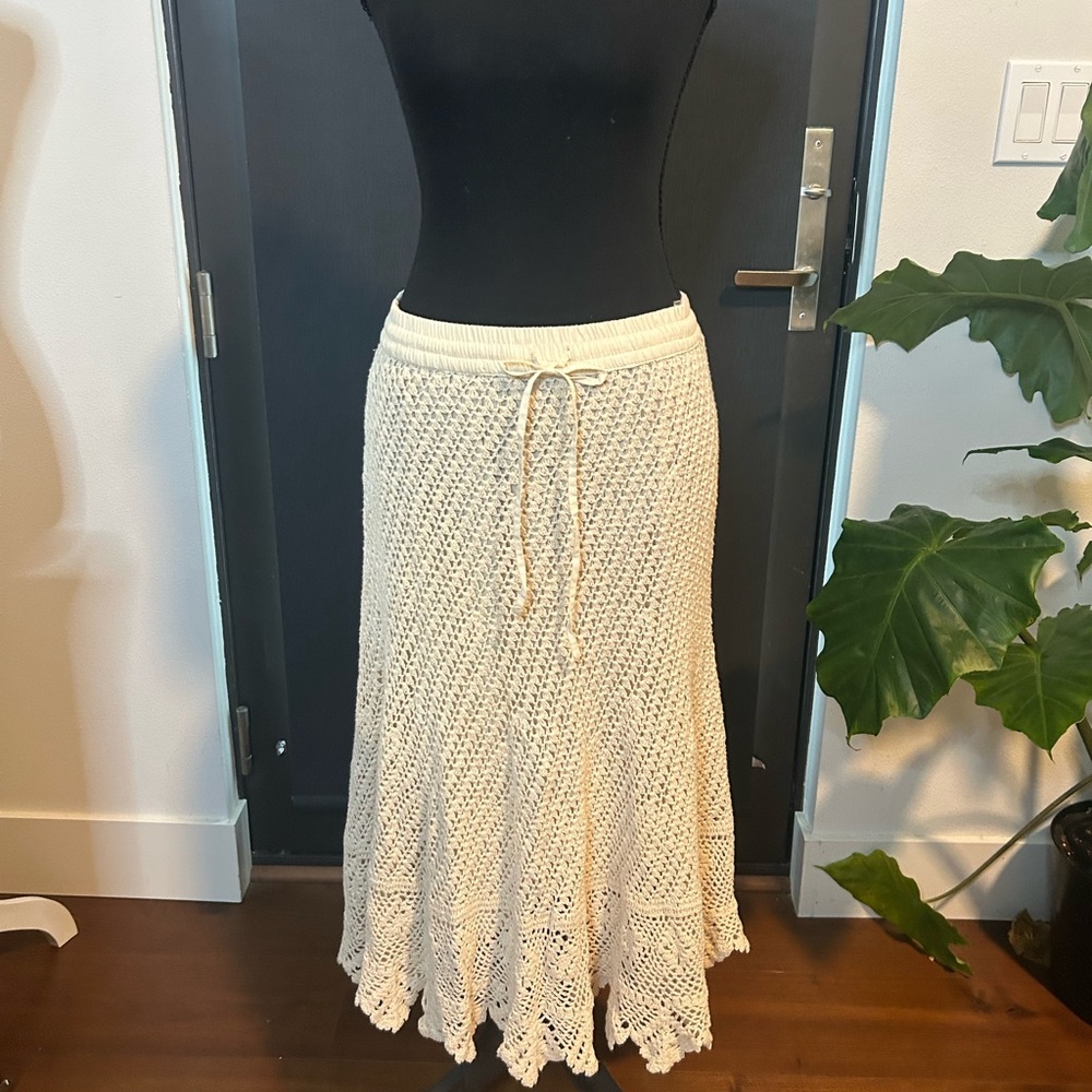 Cream Crochet Knit Skirt with Drawstring Waistband